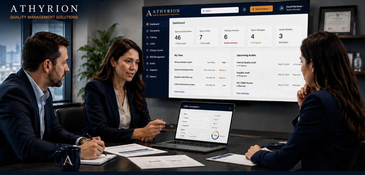 Athyrion quality professionals reviewing CAPA investigations, audit schedules, and open corrective actions on the Athyrion dashboard during a quality review meeting